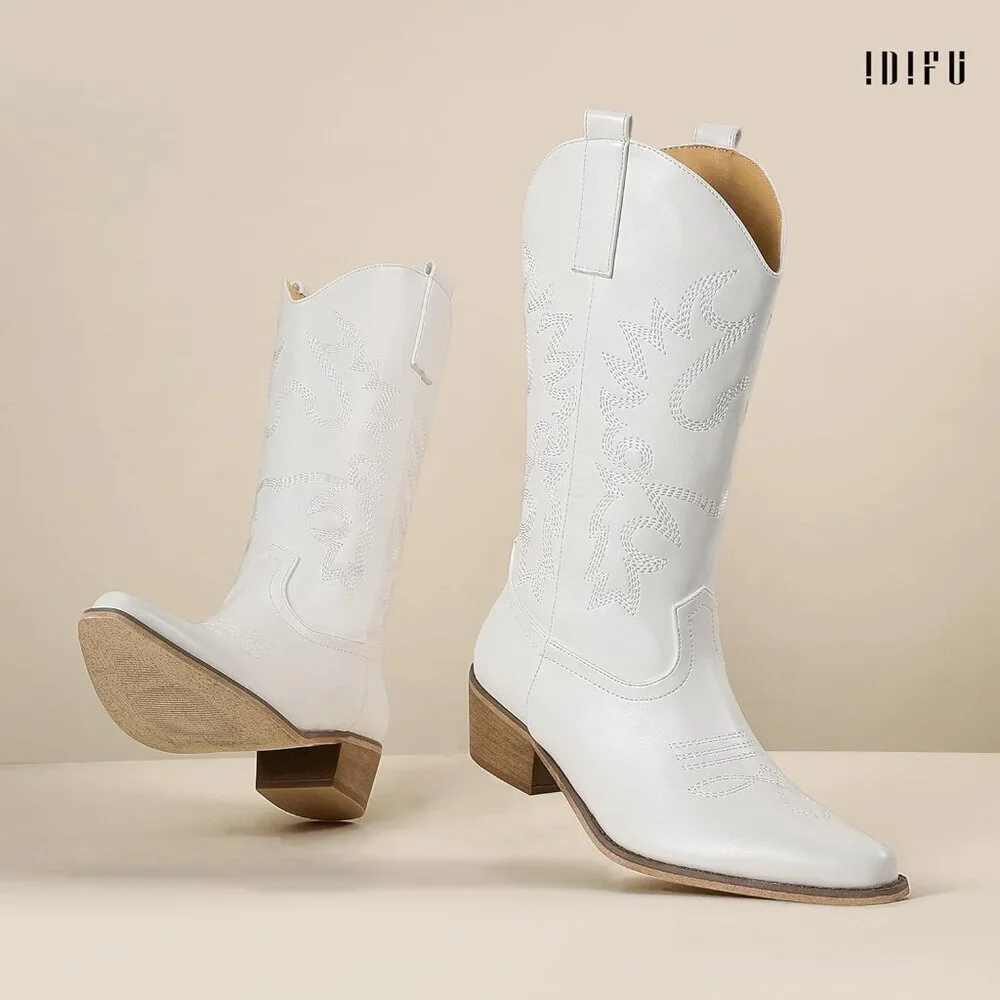 Women's White Cowgirl Boots Western Boots Mid Calf Embroidered Chunky Low Heel